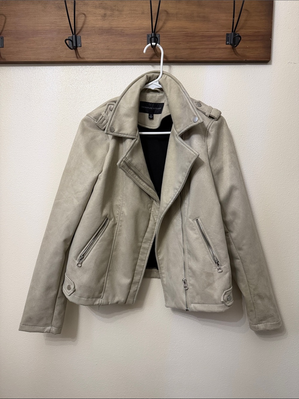 Signature Studio Womens Light Taupe Moto Jacket - Suede-Look Biker Coat
